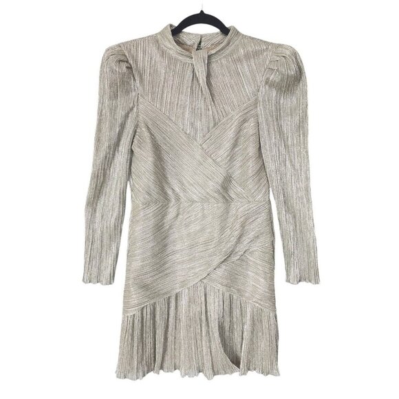 Saylor Saydee Mini Dress Beige Platinum Metallic Mock Neck Long Sleeve Sz Large - Picture 6 of 16